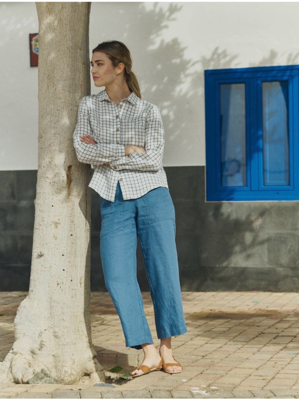 NotPerfectLinen Puglia pants in mid sand gingham s/m